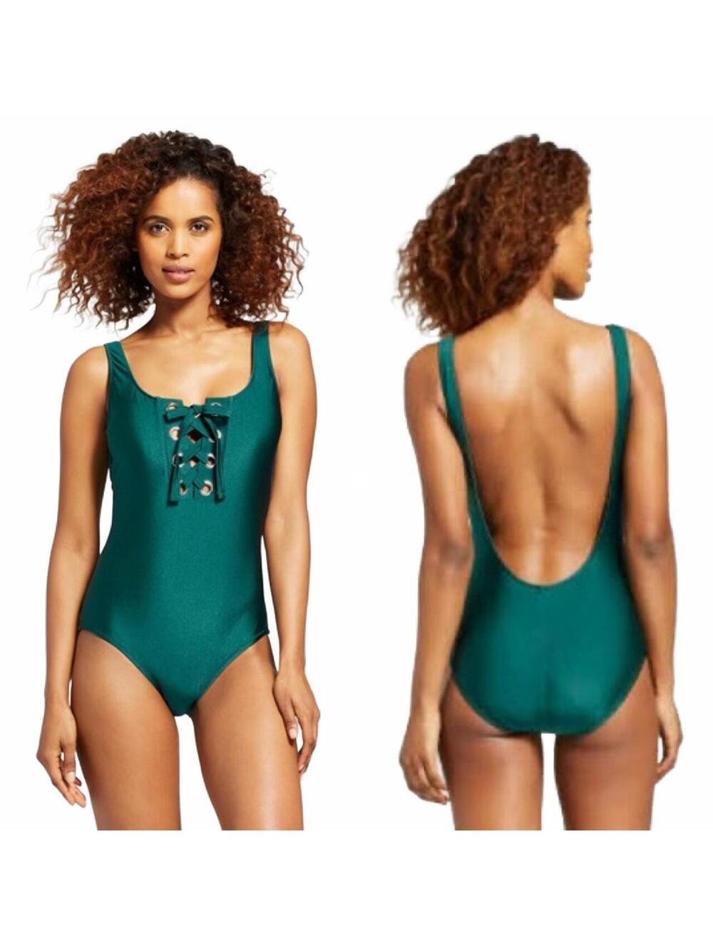 Mossimo Jungle Green Grommet Lace Up One Piece Swimsuit Size Small